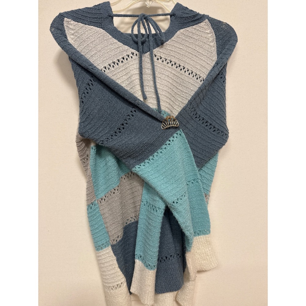 Blue Colorblock Pointelle Knit Hoodie Sweater Size Large Teal Tan Cream Pullover